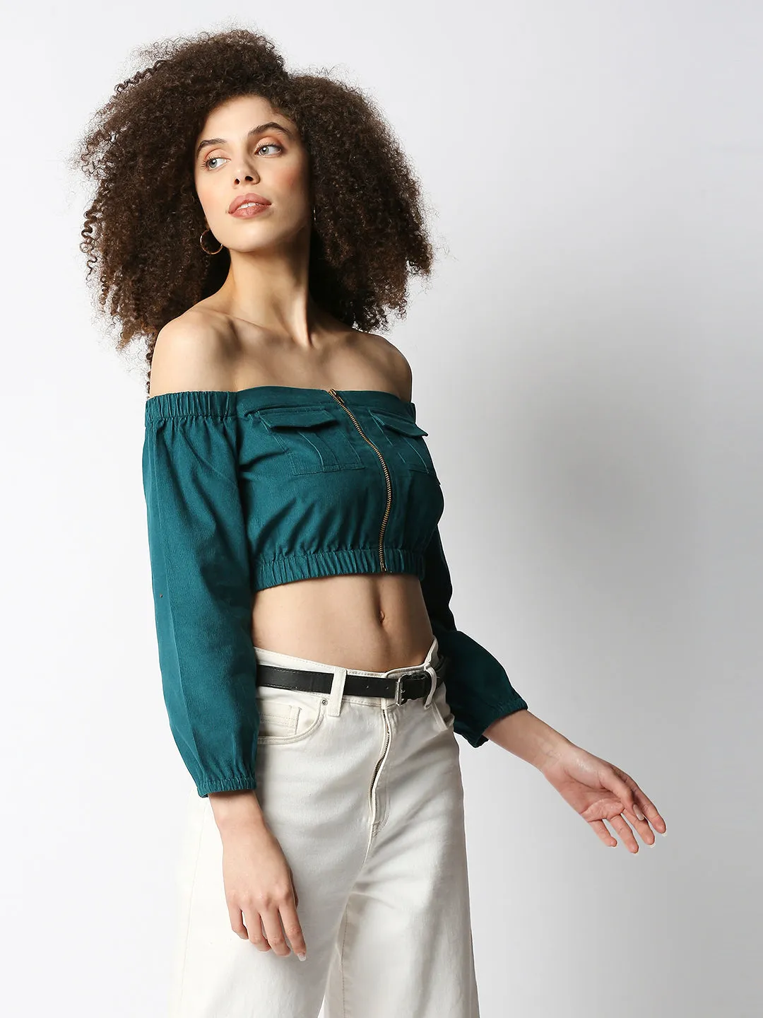 Disrupt Women's Green Corduroy Off-Shoulder Top
