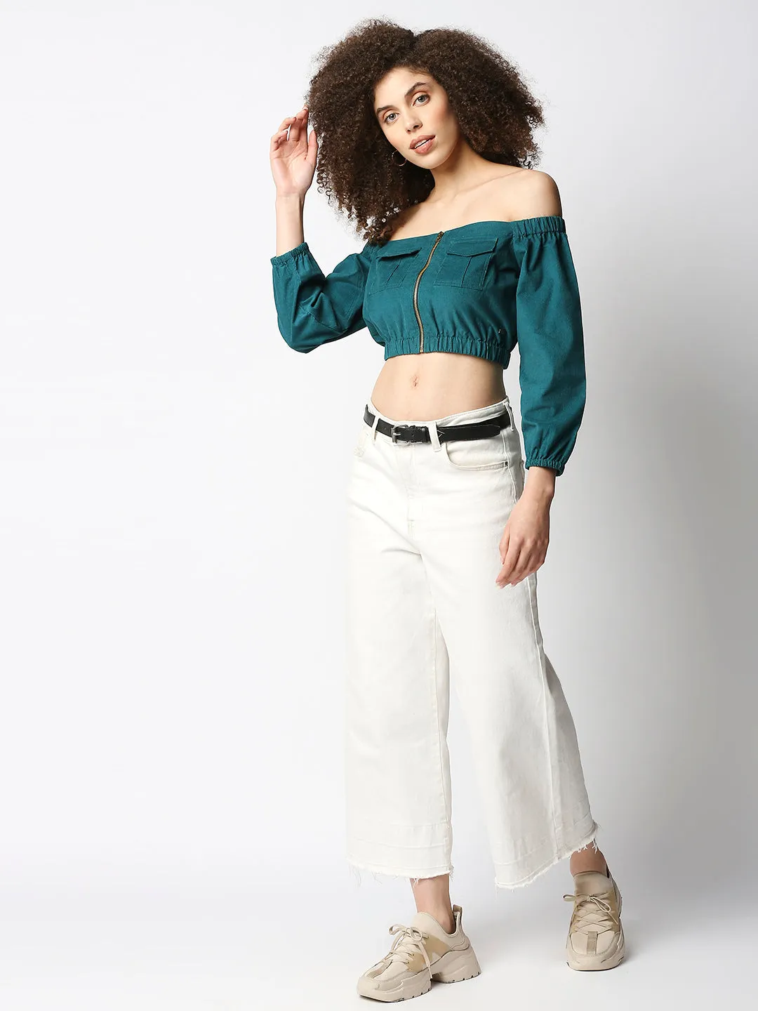 Disrupt Women's Green Corduroy Off-Shoulder Top