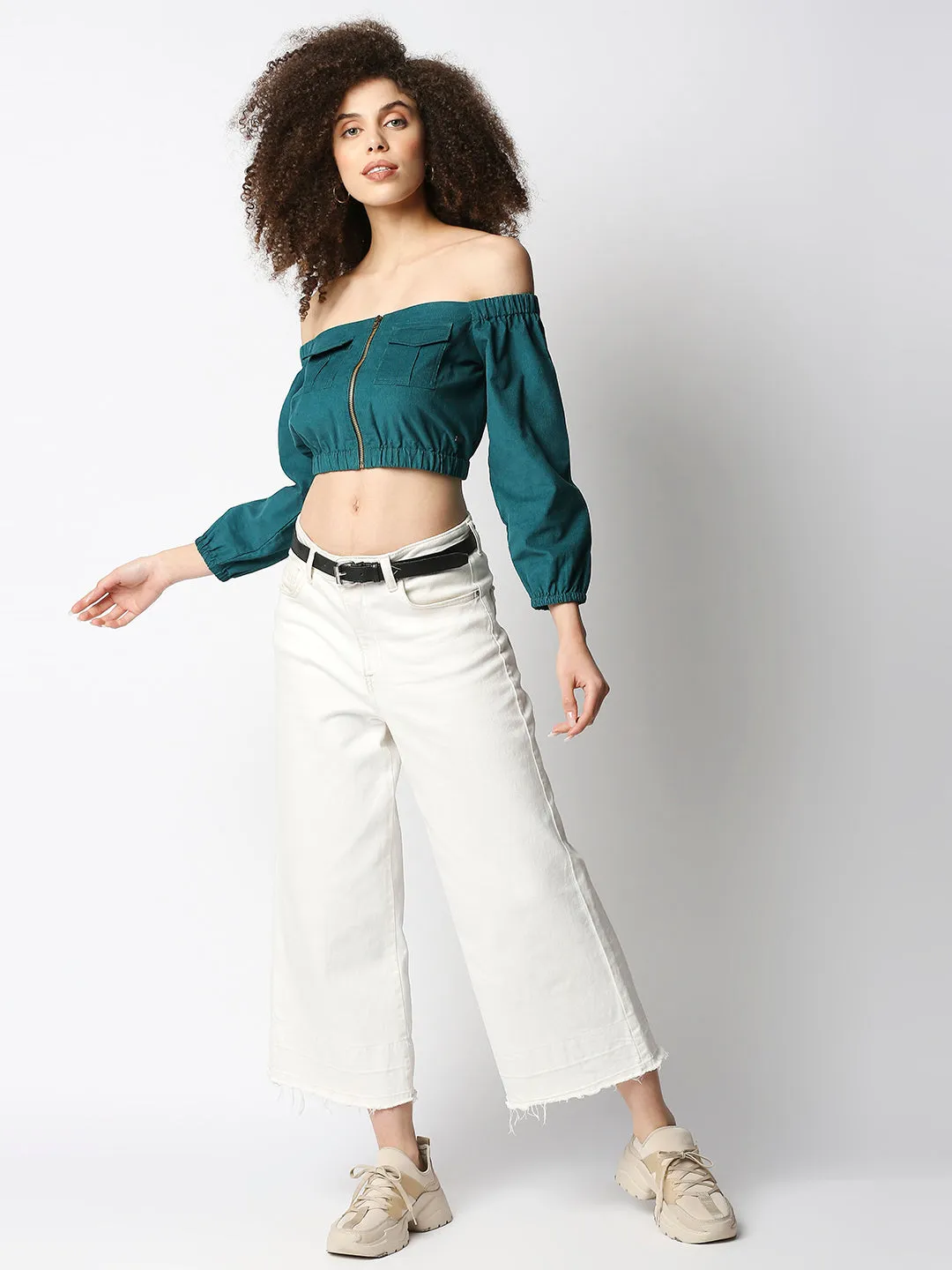 Disrupt Women's Green Corduroy Off-Shoulder Top