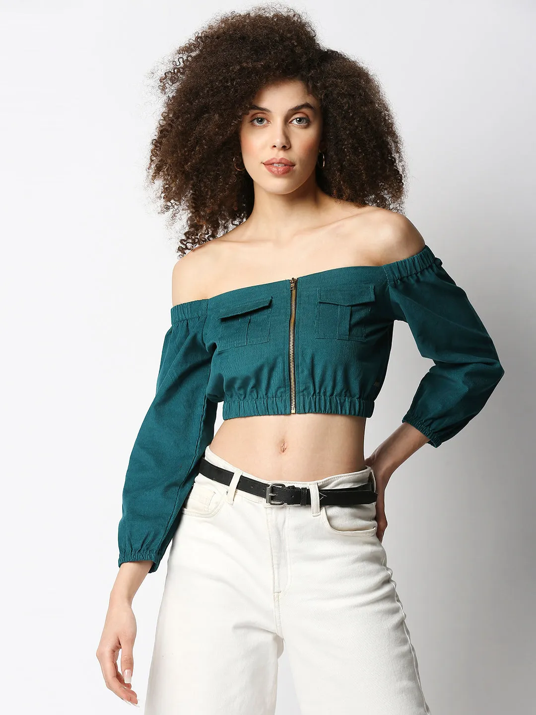 Disrupt Women's Green Corduroy Off-Shoulder Top