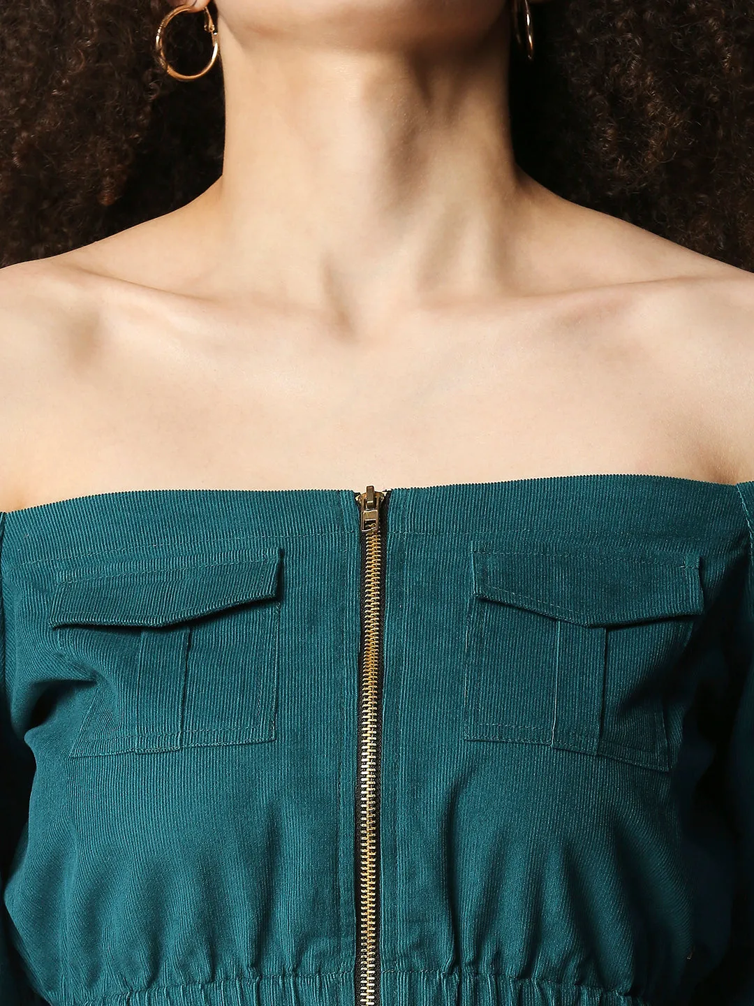 Disrupt Women's Green Corduroy Off-Shoulder Top