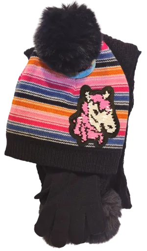 Girl's 3 Piece Unicorn Stripe Hat, Glove & Scarf Set - Assorted Colors, Youth Size