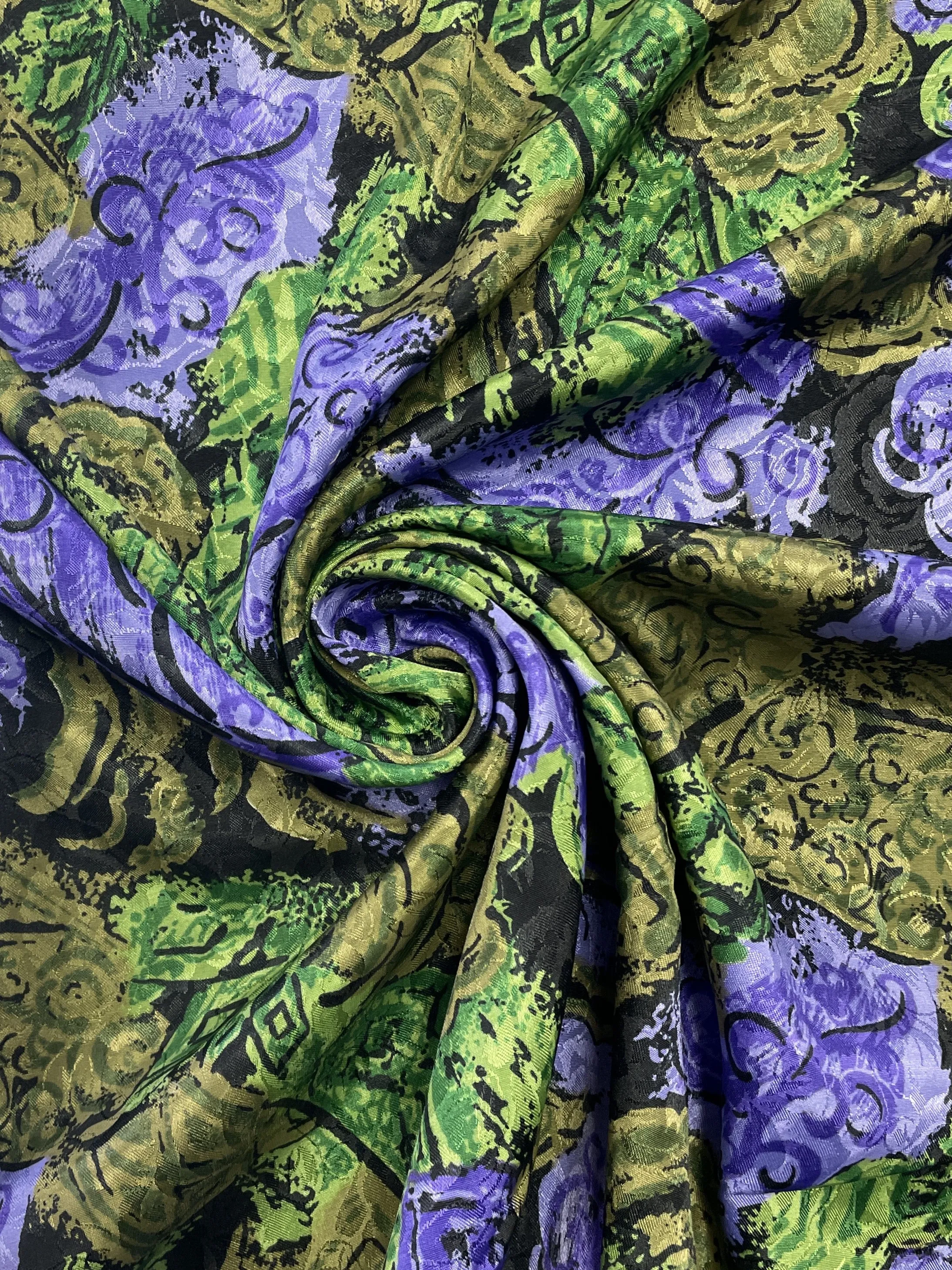 Polyester Floral Jacquard Vintage - Green and Black with Purple Flowers