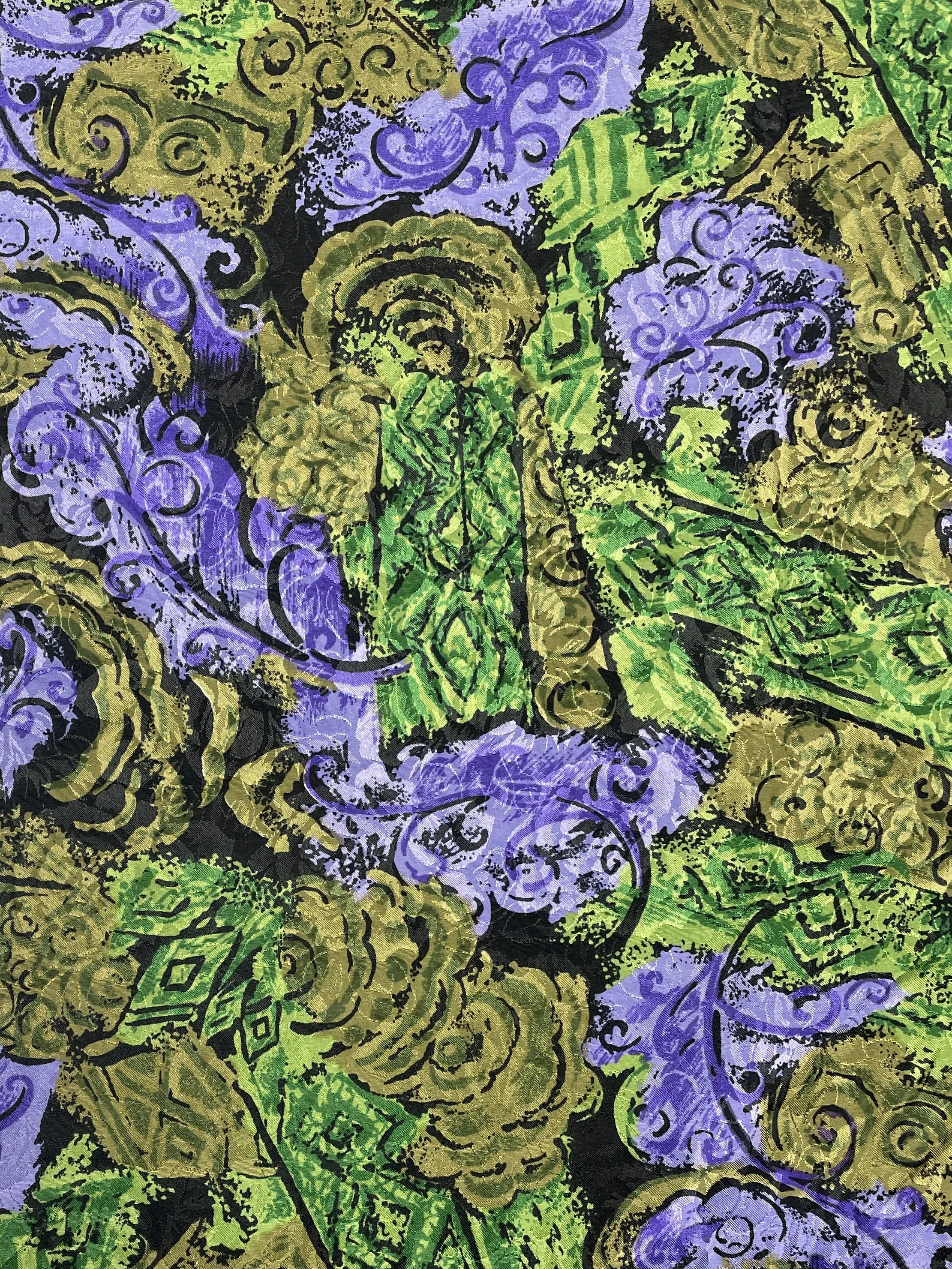 Polyester Floral Jacquard Vintage - Green and Black with Purple Flowers